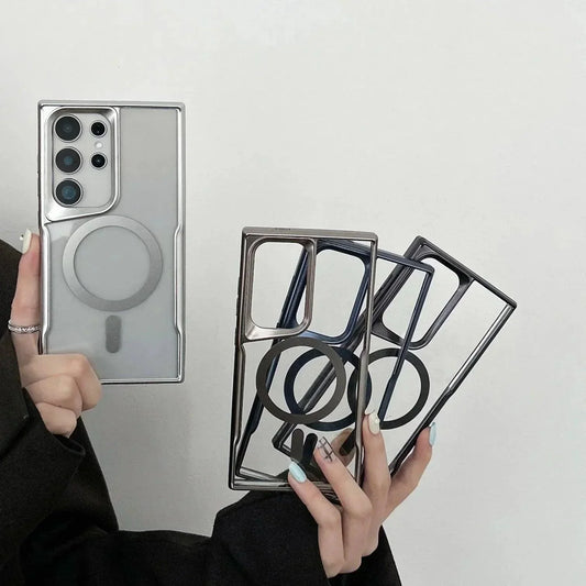 Person holding premium clear phone cases with metallic edges and MagSafe ring design